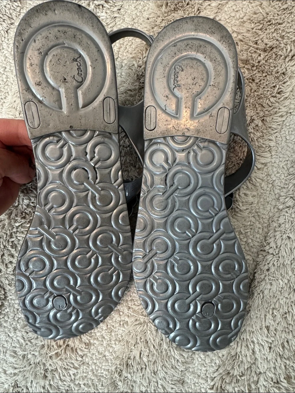 Coach Women's Silver Floral Jelly Sandals with Gold Accents size 10